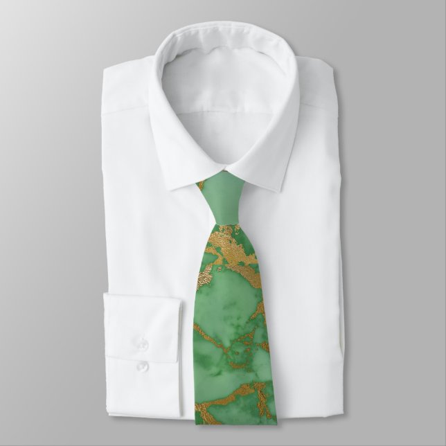 GREEN GOLD MARBLE ABSTRACT PATTERN TIE (Tied)
