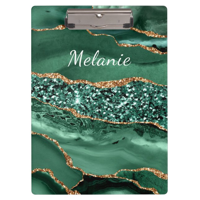 Green Gold Marble Clipboard with Custom Name (Front)