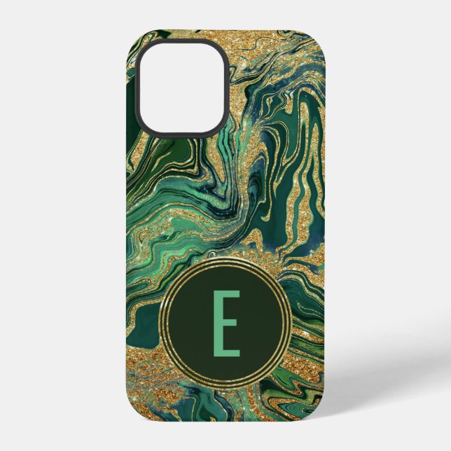 Green Gold Marble Glitter Monogram iPhone Case (Back)
