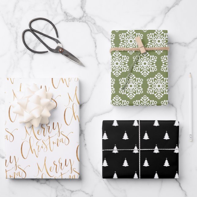 Green Gold Merry Christmas Snowflakes Christmas Wrapping Paper Sheet (Front)