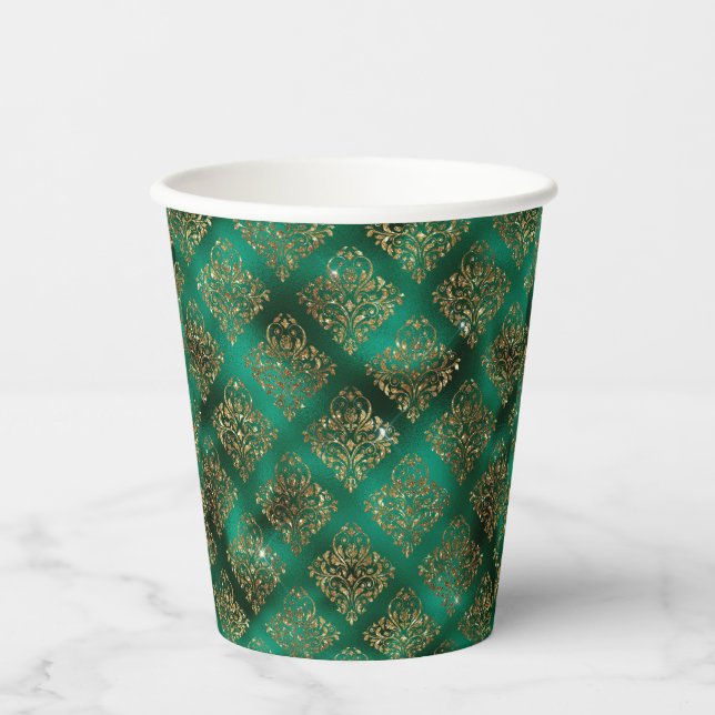 Green Gold Metallic Damask Elegant Paper Cups (Front)