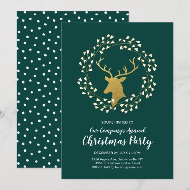 Green & Gold Modern Christmas Holiday Dinner Party Invitation (Front/Back)