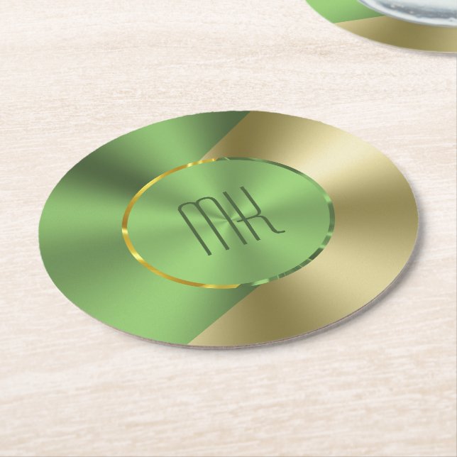 Green & Gold Modern Metallic Geometric design Round Paper Coaster (Angled)