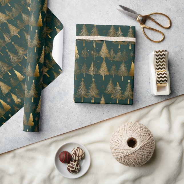 Green Gold Modern simple geometric Christmas tree Wrapping Paper (Crafts)