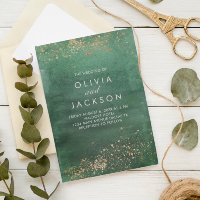 Green & Gold Modern Watercolor Wedding Invitation (Creator Uploaded)