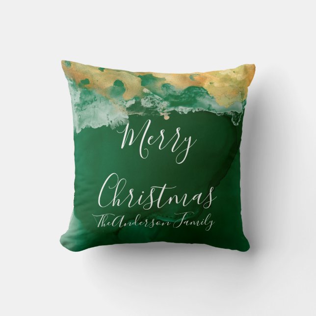 Green Gold Monogram Merry Christmas  Throw Pillow (Front)