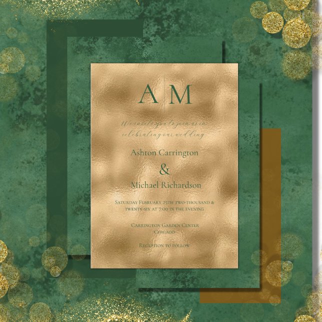Green Gold Monogram Modern Wedding Invitation (Creator Uploaded)