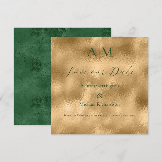 Green Gold Monogram Modern Wedding  Save The Date (Front/Back)
