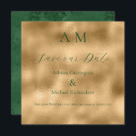 Green Gold Monogram Modern Wedding  Save The Date<br><div class="desc">Beautiful bride & groom monograms at the top of this beautiful wedding Save the Date card.  Faux gold background with green font to coordinate with the distressed green back of this elegant invitation.  Absolutely stunning.</div>