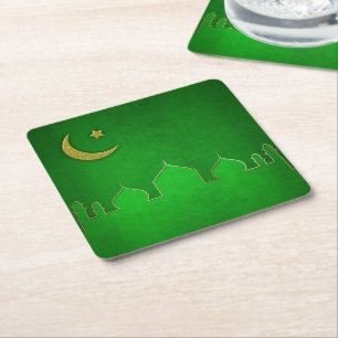 Green Gold Mosque Moon Star Square Paper Coaster