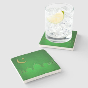 Green Gold Mosque Moon Star Stone Coaster