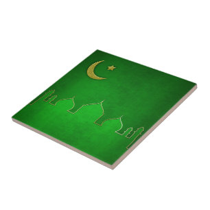 Green Gold Mosque Moon Star Tile