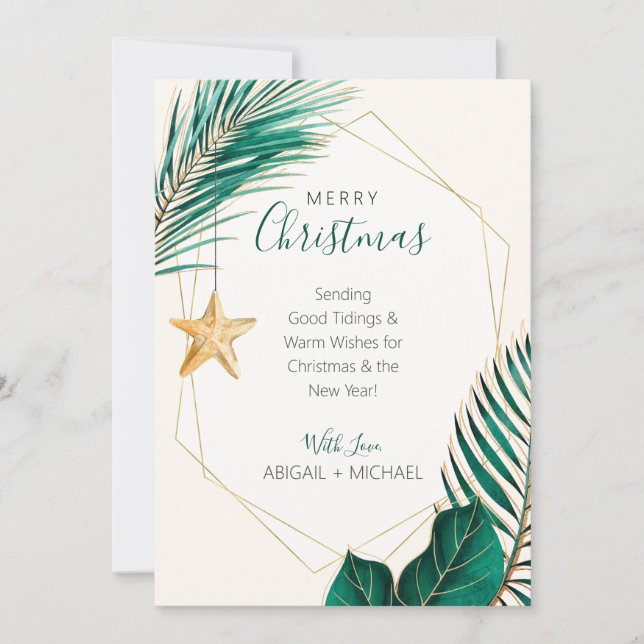 Green & Gold Palm Tree Tropical Beach Christmas Holiday Card (Front)