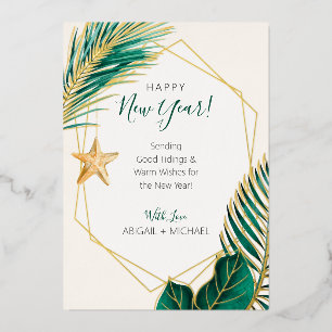 Green & Gold Palm Tree Tropical Beach New Year  Foil Holiday Card