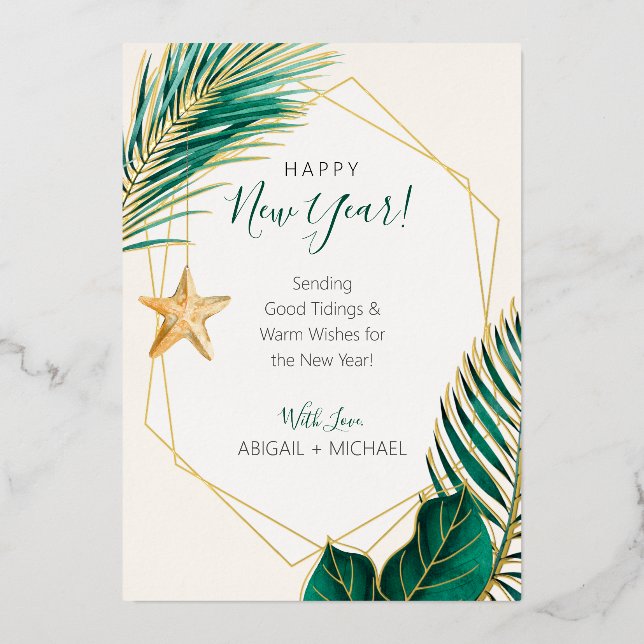 Green & Gold Palm Tree Tropical Beach New Year  Foil Holiday Card (Front)