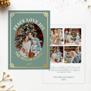 Green & Gold Peace Love Joy Oval Photo Christmas Foil Holiday Card