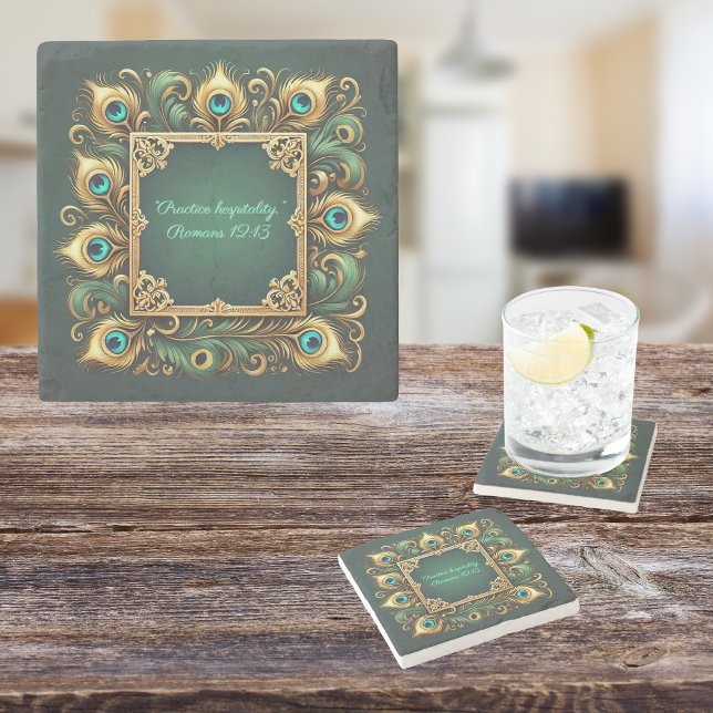 Green Gold Peacock Frame Customizable  Stone Coaster (Creator Uploaded)