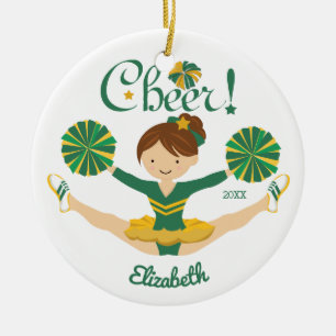 Green & Gold Personalized Brunette Cheerleader Ceramic Ornament