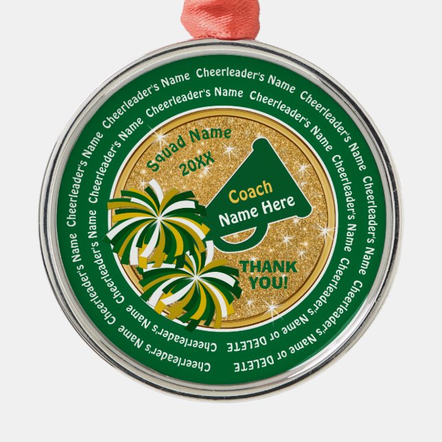 Green Gold Personalized Cheerleading Coach Gifts Metal Ornament (Front)