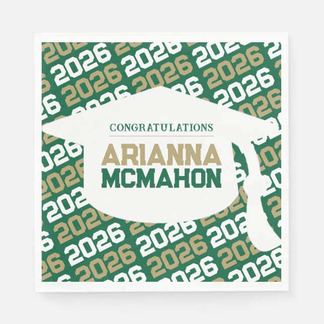 Green & Gold Personalized Graduation Cap Paper Napkin (Front)