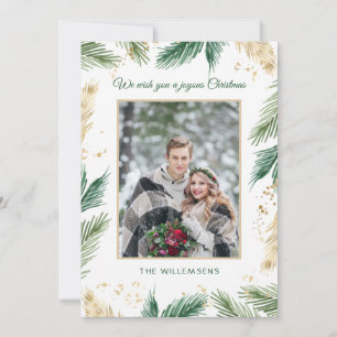Green & Gold Pine Needles Christmas Photo  Holiday Card