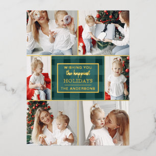 Green Gold Plaid Non Traditional Photo Collage  Foil Holiday Postcard