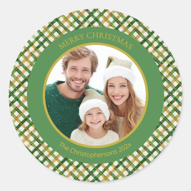 Green Gold Plaid Photo Christmas Classic Round Sticker (Front)