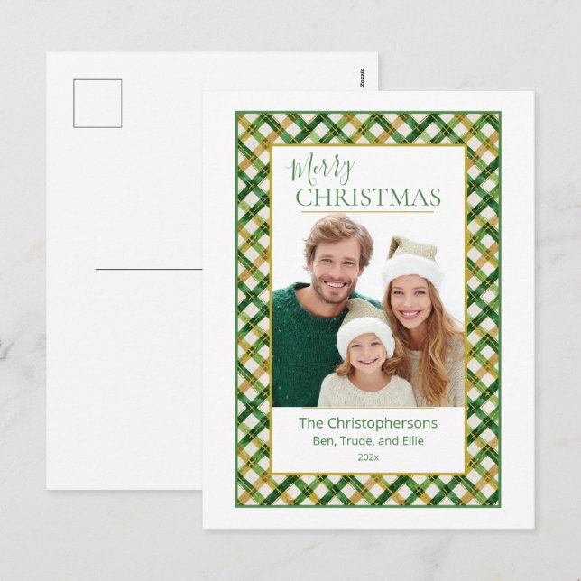 Green Gold Plaid Photo Christmas Postcard (Front/Back)