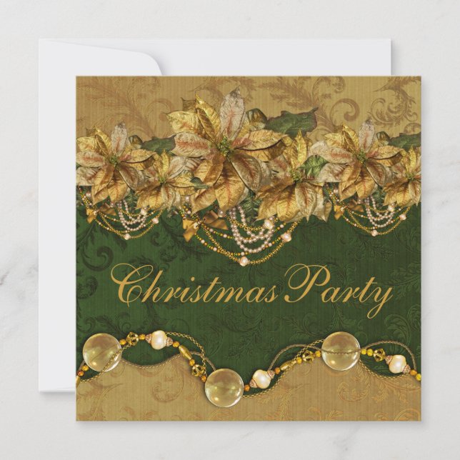 Green Gold Poinsettia Gold Christmas Party Invitation (Front)