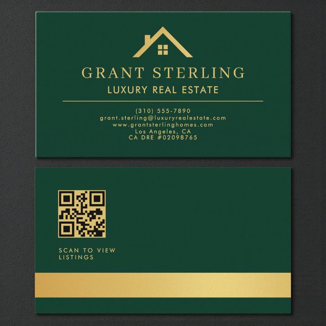Green Gold QR Code Luxury Real Estate Agent Business Card (Creator Uploaded)