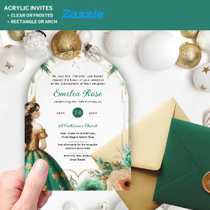 Green Gold Quinceañera Emerald Dress Mis Quince Acrylic Invitations