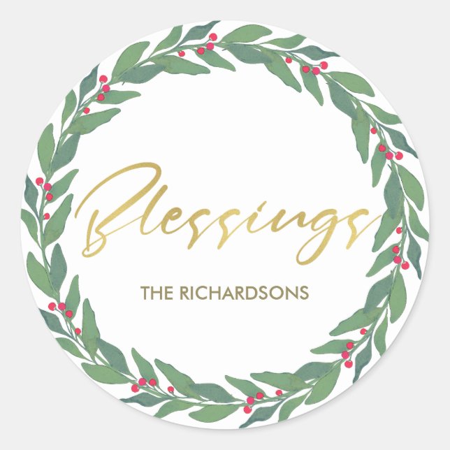 GREEN GOLD RED BERRIES CHRISTMAS WREATH BLESSINGS CLASSIC ROUND STICKER (Front)