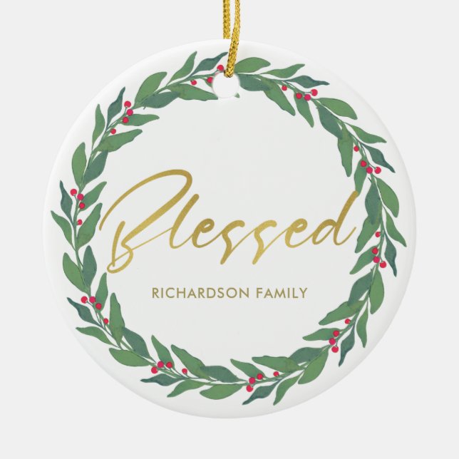 GREEN GOLD RED BERRIES WREATH CHRISTMAS BLESSED CERAMIC ORNAMENT (Front)