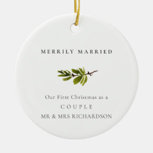 GREEN GOLD RED BERRIES WREATH MERRILY MARRIED CERAMIC ORNAMENT