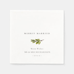 GREEN GOLD RED BERRIES WREATH MERRILY MARRIED NAPKIN