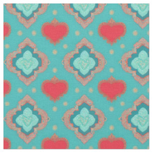 Green Gold Red Hearts and Hearts in squares Fabric