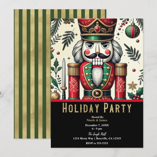 Green Gold Red Nutcracker Christmas Holiday Party Invitation (Front/Back)