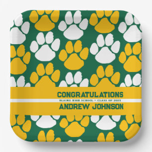 Green & Gold Repeating Pawprint Personalized Paper Plate