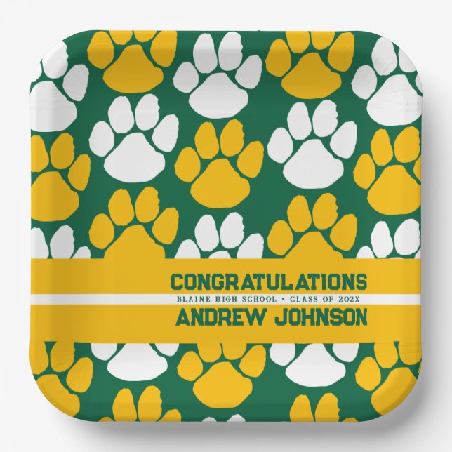 Green & Gold Repeating Pawprint Personalized Paper Plate (Front)