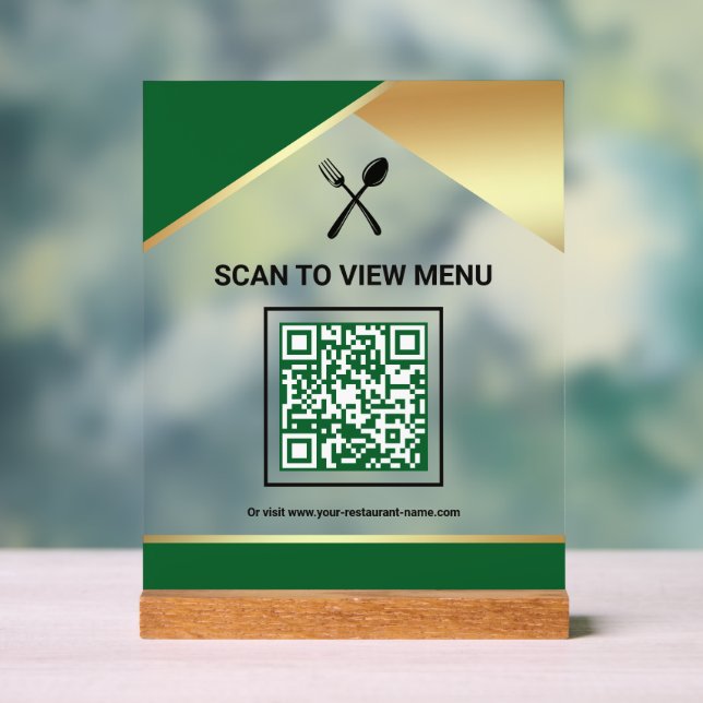 Green Gold Restaurant Digital QR Code Menu Acrylic Sign (Neutral)
