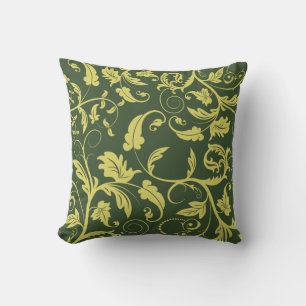 Green Gold Retro Pattern Leaf Swirl Throw Pillow