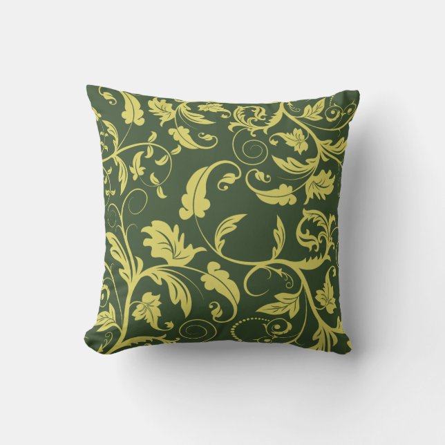 Green Gold Retro Pattern Leaf Swirl Throw Pillow (Front)