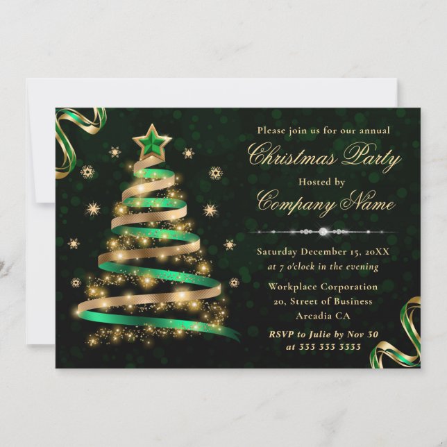 Green & Gold Ribbon Tree Corporate Christmas Invitation (Front)