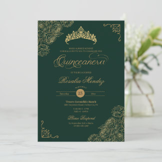 Green & Gold Roses Elegant Quinceañera  Invitation