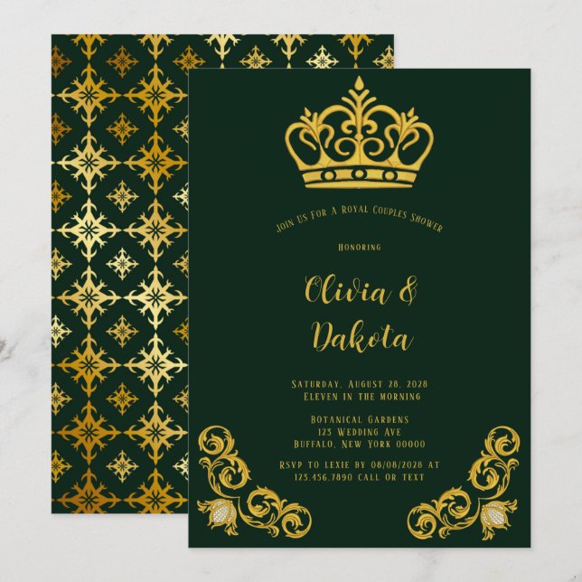 Green & Gold Royal Crown Couples Douche Invitation (Devant / Derrière)