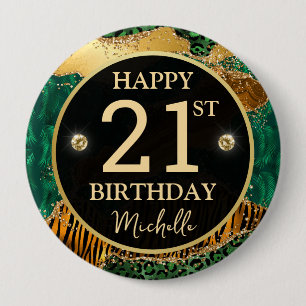 Green Gold Safari Agate Birthday Badge 4 Inch Round Button