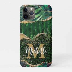 Green & Gold Safari Animal Glitter Agate Monogram iPhone 11 Pro Case
