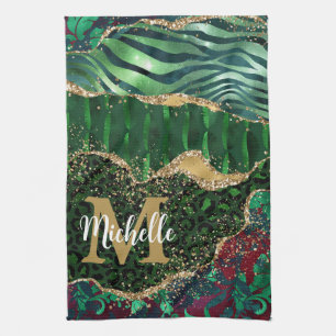 Green & Gold Safari Animal Glitter Agate Monogram Kitchen Towel