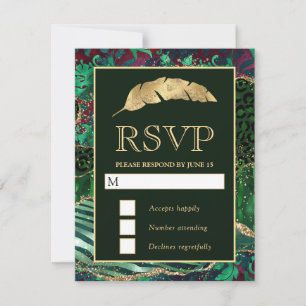 Green & Gold Safari Animal Glitter Agate Wedding RSVP Card