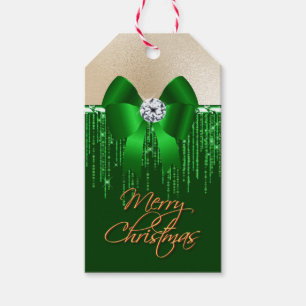 Green gold satin bow glitter merry christmas gift tags